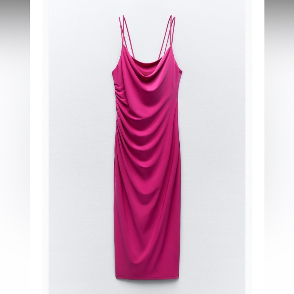NWT! Zara Fuschia Dress with Draped Neckline - RUNS LARGE